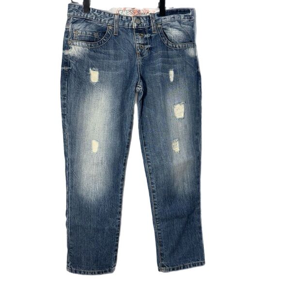Guess Jeans Y2K 1981 Boyfriend Cropped Button Fly Blue Light Wash Women’s 26. - Picture 1 of 12